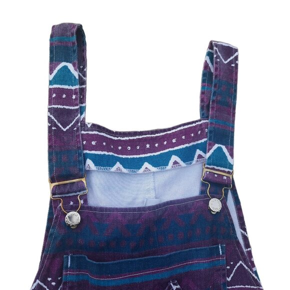 Vintage 90s Aztec Print Shortalls Overalls Womens S Baggy Purple Green Cotton - Picture 2 of 11